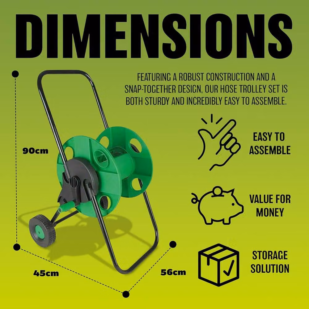 BARGAINS-GALORE Portable Green Garden Hose Reel with Trolley Wheels and Manual Winder – 3