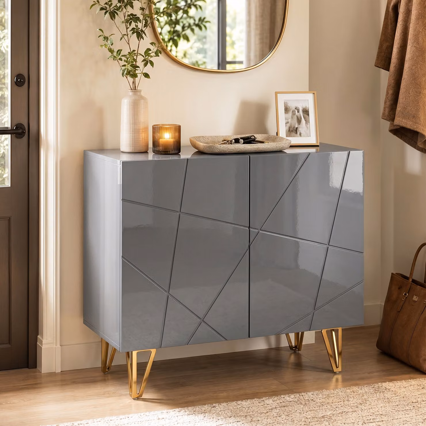HOMCOM Modern Luxe High Gloss Grey Sideboard with Gold Hairpin Legs – 6