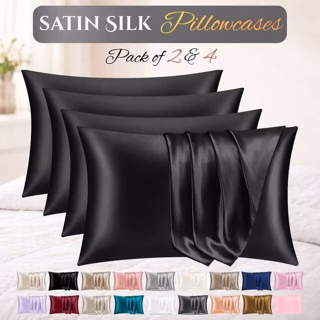 Pamposh Grace Satin Silk Pillowcases with Envelope Closure, Pack of 4, Black and Blue, W: 50 cm x L: 75 cm – 5