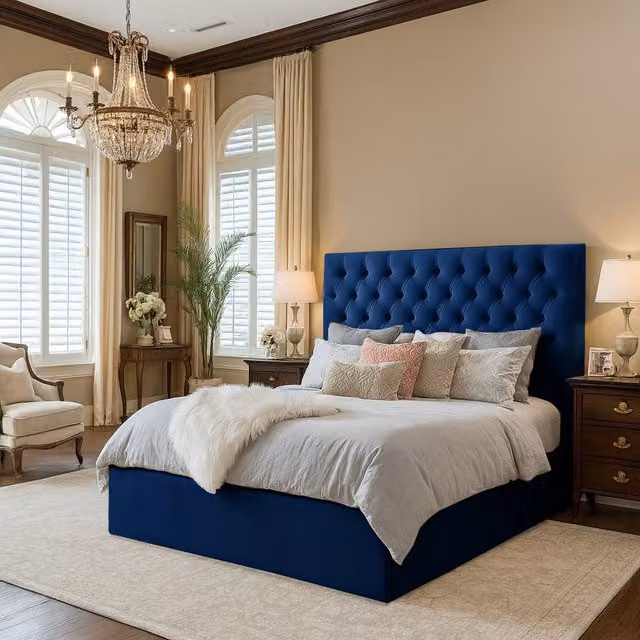 Desire Deco Sterling Blue Velvet Upholstered Double Bed Frame