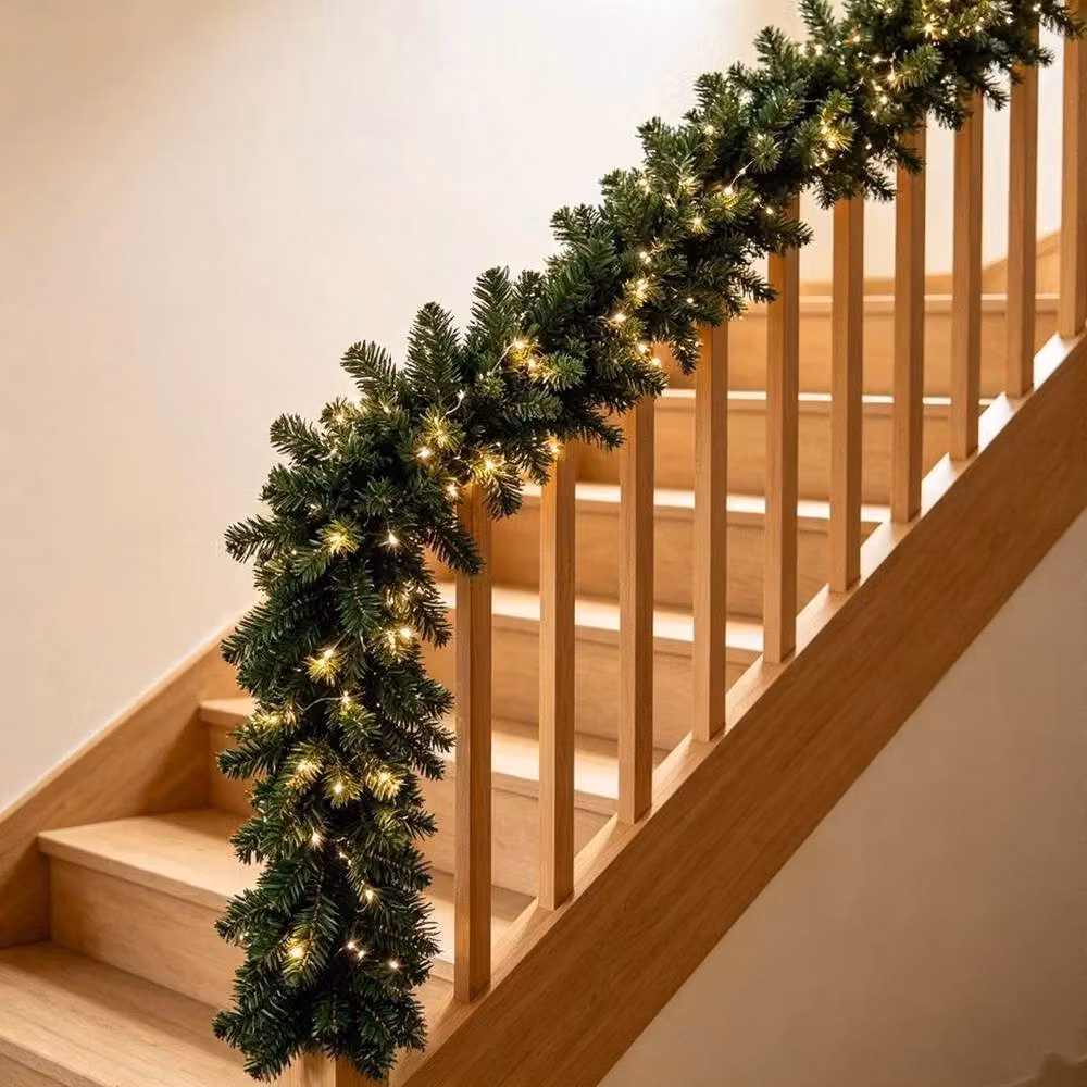 PAWNORA 9ft Green Christmas Garland with Warm White LED Lights – 3