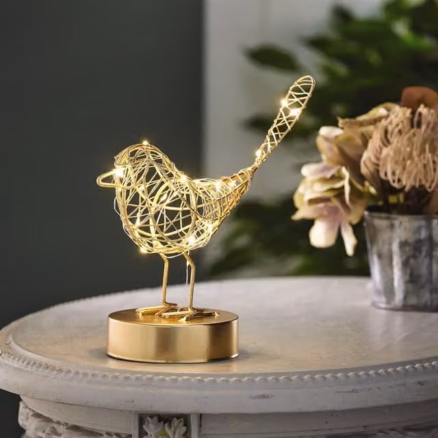 mysmartbuy Robin LED Light Decoration, White and Gold Freestanding Metal Bird Ornament with 20 Warm White LEDs, W/D/H: 21 x 20 x 10 cm