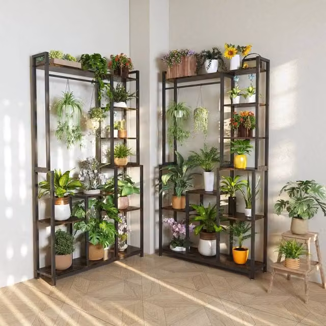 SPETLEK Tall Indoor Plant Stand, Black Metal and Wood Industrial Plant Shelf – 1