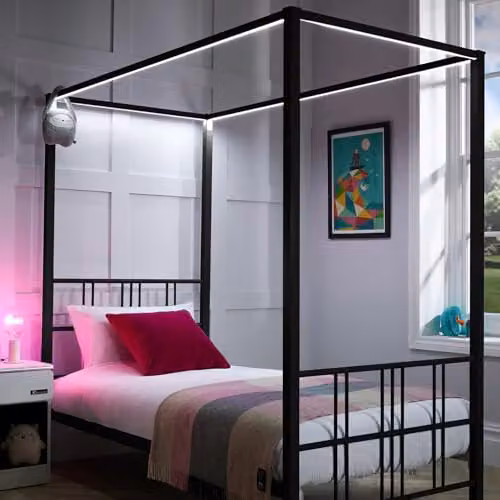 X-Rocker FERN Black Metal Four Poster Canopy Bed Frame with Dimmable LED Lighting, Single 3ft, W/D/H: 90 x 190 x 183 cm – 6