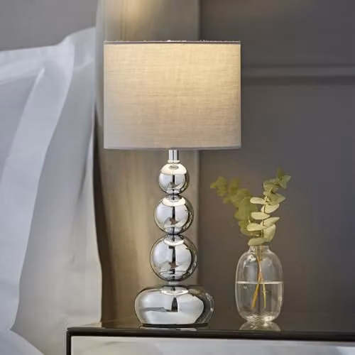 MiniSun Modern Polished Chrome Stacked Ball Table Lamp with Grey Fabric Shade – 4