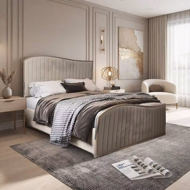 KDMD Hythe Super King Upholstered Velvet Designer Bed Frame in Beige with Metal Details, 200 x 200 cm