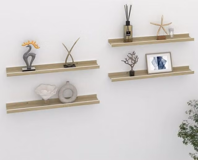 Berkfield Home Wall Mounted Shelves, 4 Piece Set in White and Sonoma Oak, W: 60 cm, D: 9 cm, H: 3 cm