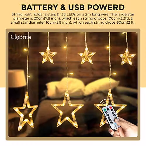 GloBrite Christmas Curtain Lights with 12 Stars and 138 Warm White LED Lights for Indoor Decoration – 10
