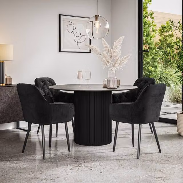 More4Homes Arlo Round Concrete Table Top with Black Legs and Anika Velvet Dining Chair Set of 4, Grey and Black, W/D/H: 120 x 120 x 75 cm – 1