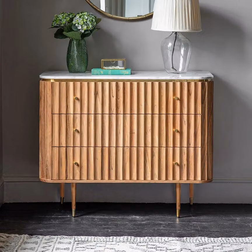 Atkin & Thyme Flute Marble Chest Of Drawers in Natural Acacia Wood and Stone