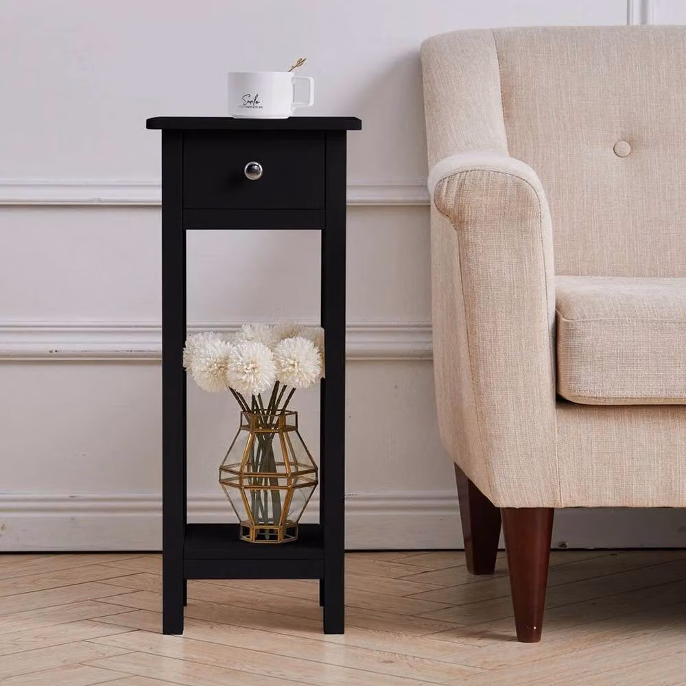 KORVIXA Black 2-Tier Side Table with Drawer and Shelf, W/D/H: 27 x 27 x 66 cm – 4