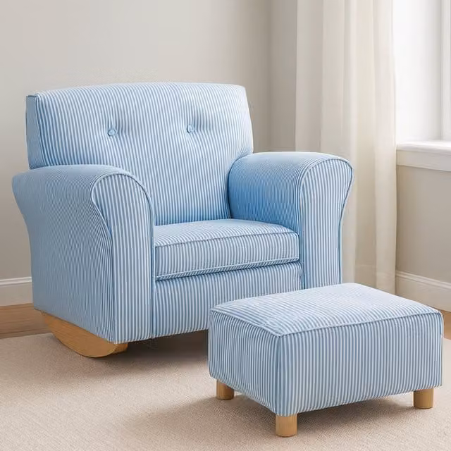Orsina Kids Blue and White Striped Rocking Chair with Footstool and Pine Wood Frame