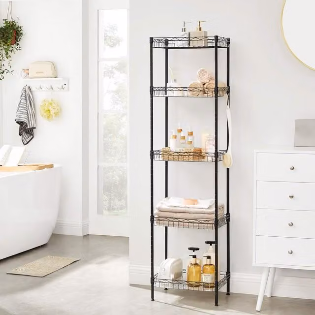 SONGMICS Metal Wire Kitchen Storage Shelf with Adjustable Shelves and Hooks, Black – 1
