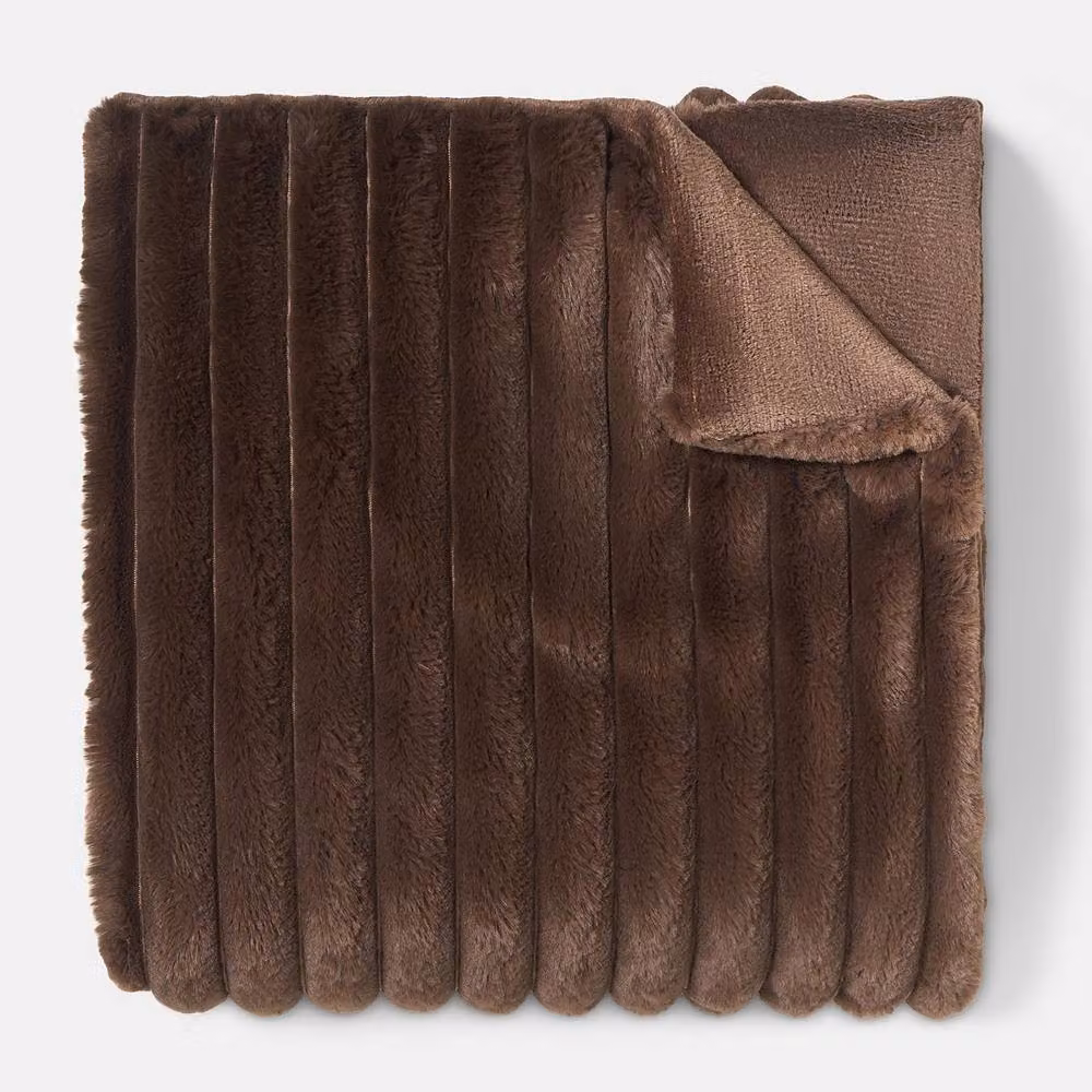 OHS Faux Fur Ribbed Fleece Throw Blanket in Chocolate Brown, W/D/H: 200 x 240 cm – 4