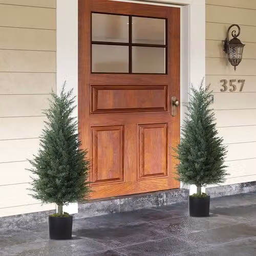 HOMCOM Set of 2 Green Artificial Cypress Trees with Plastic Pots, Height: 90 cm – 6
