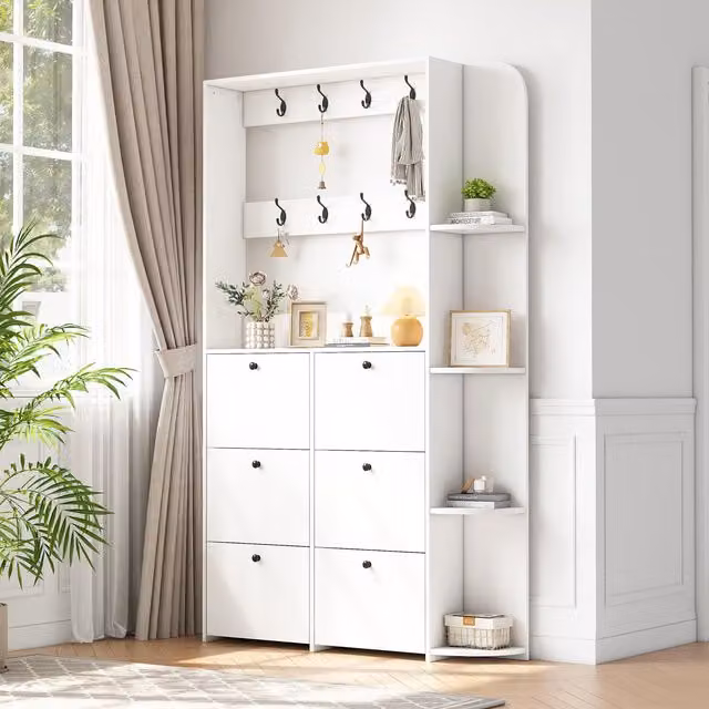 Aosom UK White Coat Rack and Shoe Storage Cabinet with Hinged Doors and Shoe Cubbies, W/D/H: 120 x 24 x 200 cm – 1