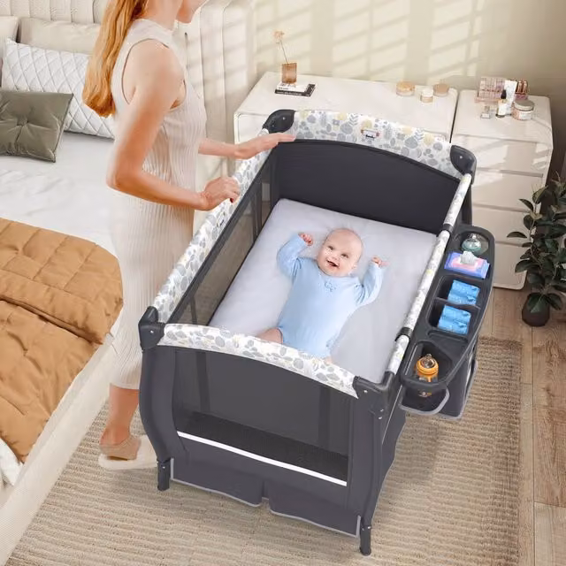 CASART 5 in 1 Portable Pack and Play Baby Nursery Center with Bassinet and Travel Bag in Grey Floral