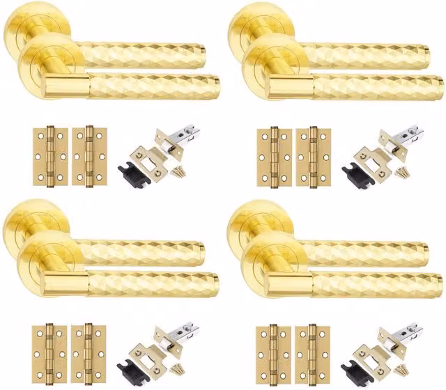 Golden Grace Knurled T-Bar Door Handle Set with Diamond Cut, Ball Bearing Hinges and Latch, Brass, 4 Pack