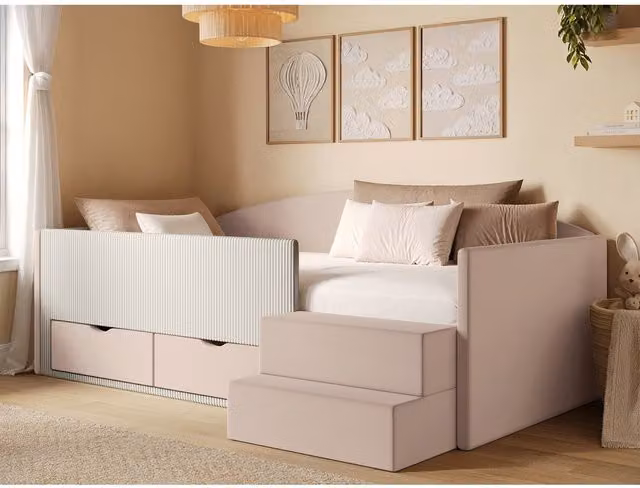 Flair Elisa Velvet Low Sleeper Bed with Storage Drawers and Stairs in Pink and Beige Cord