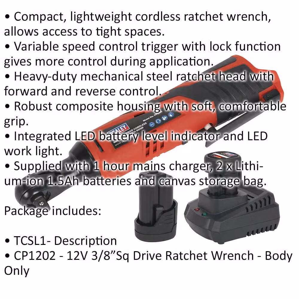 Loops 12V 3/8 inch Sq Drive Ratchet Wrench Kit with Variable Speed Control and Two Batteries in Red and Multicolour – 2