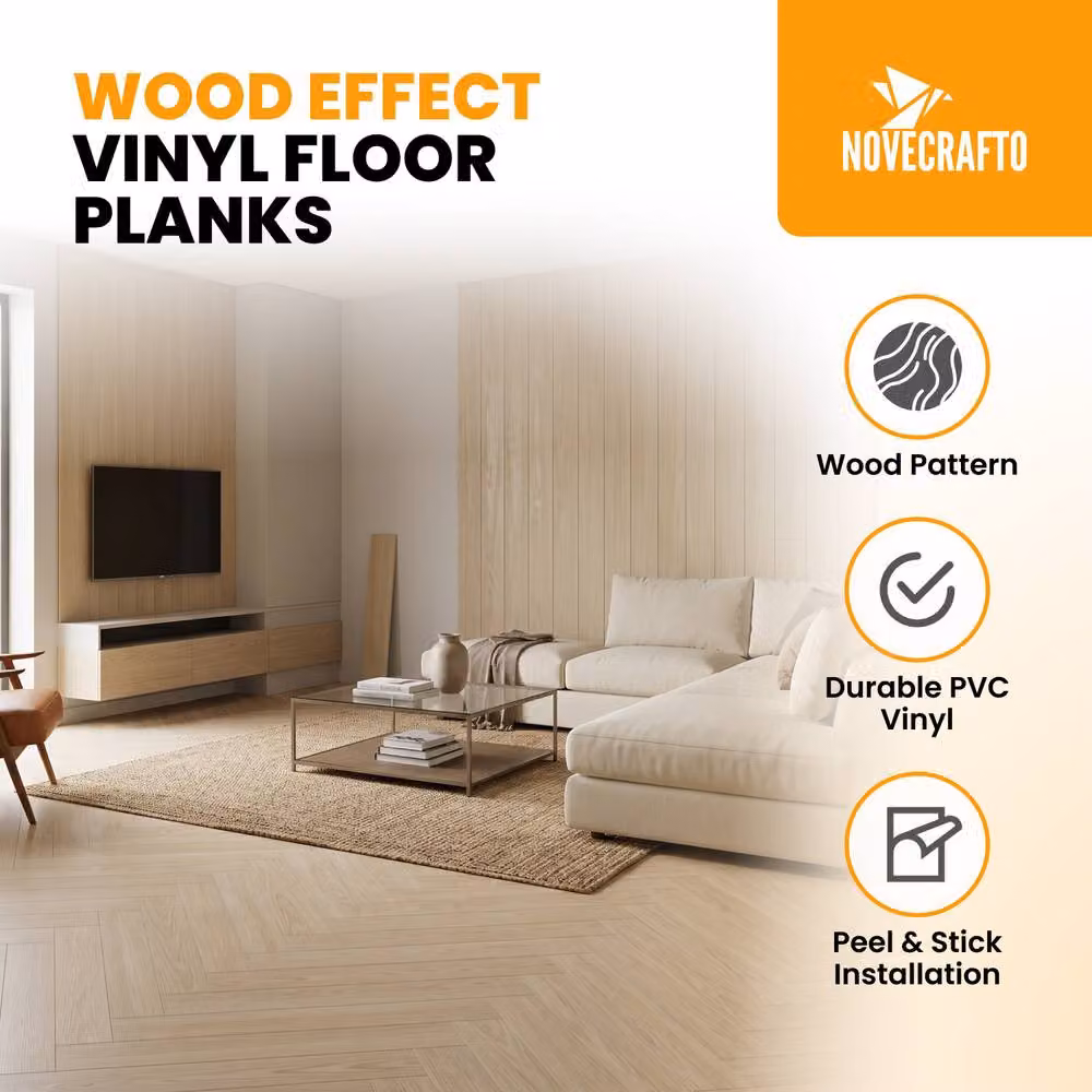 Novecrafto Self Adhesive Wood Look Vinyl Floor Planks, Light Sand, Pack of 10, W: 91.4 cm, H: 15.2 cm – 2