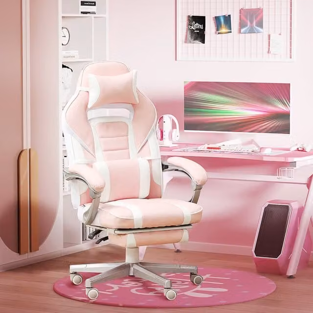 HOMCOM Pink PU Leather Gaming Chair with Footrest and Reclining Back