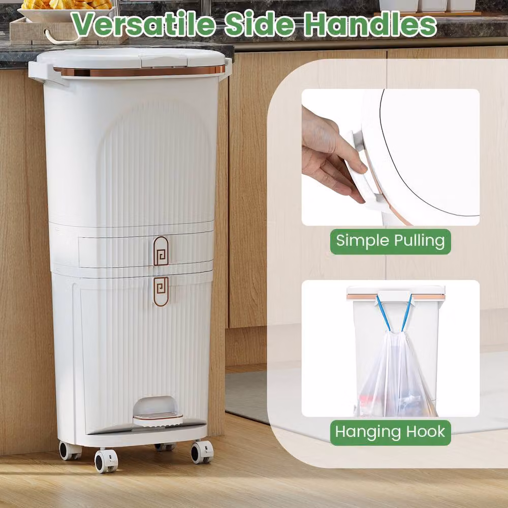 Costway 42L Kitchen Trash Can with Lid and 3-Layer Sorting System in White – 4