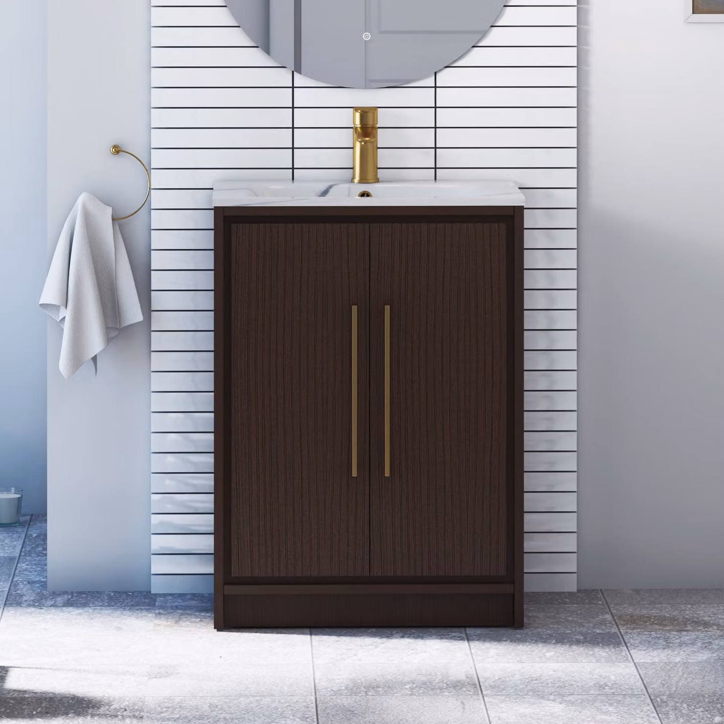 Livora 600mm Walnut Woodgrain Floor Standing 2 Door Bathroom Vanity Unit with Carrara White Basin and Brushed Brass Handles