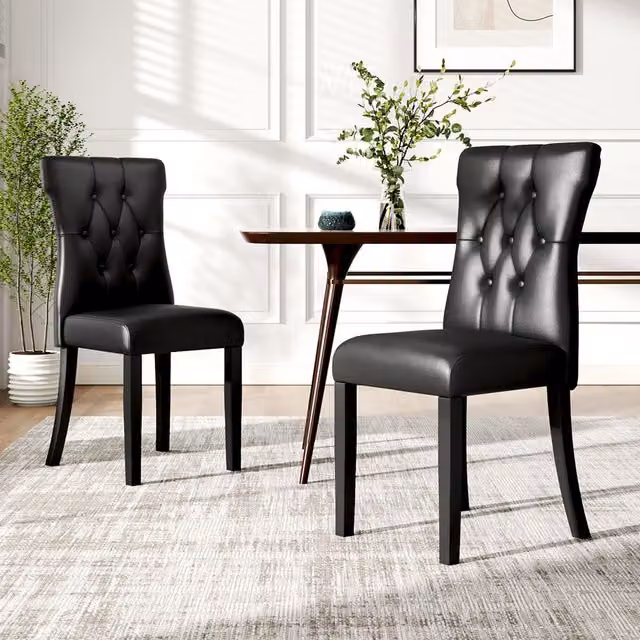 Komore Set of 2 Black Synthetic Leather Dining Chairs with Rubberwood Legs