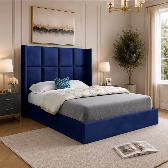 Casani Riversdale Upholstered Velvet Designer Bed Frame in Blue, Super King, W/D/H: 200 x 137 x 189 cm