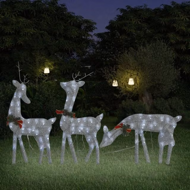 Berkfield Home Christmas Reindeer Family in Silver Cold White LED Mesh, H x W x D: 270 x 90 x 7 cm