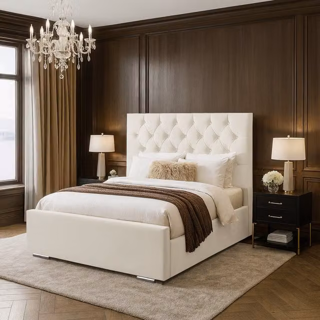 Desire Deco Lea Upholstered Velvet Bed Frame in Yellow and White