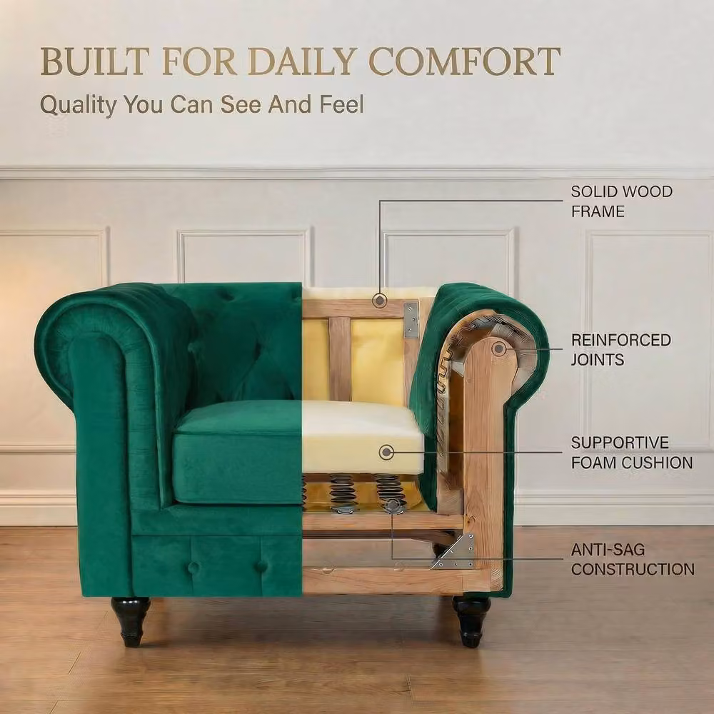 Bravich LTD Chesterfield Scroll Arm Velvet Sofa in Green – 5