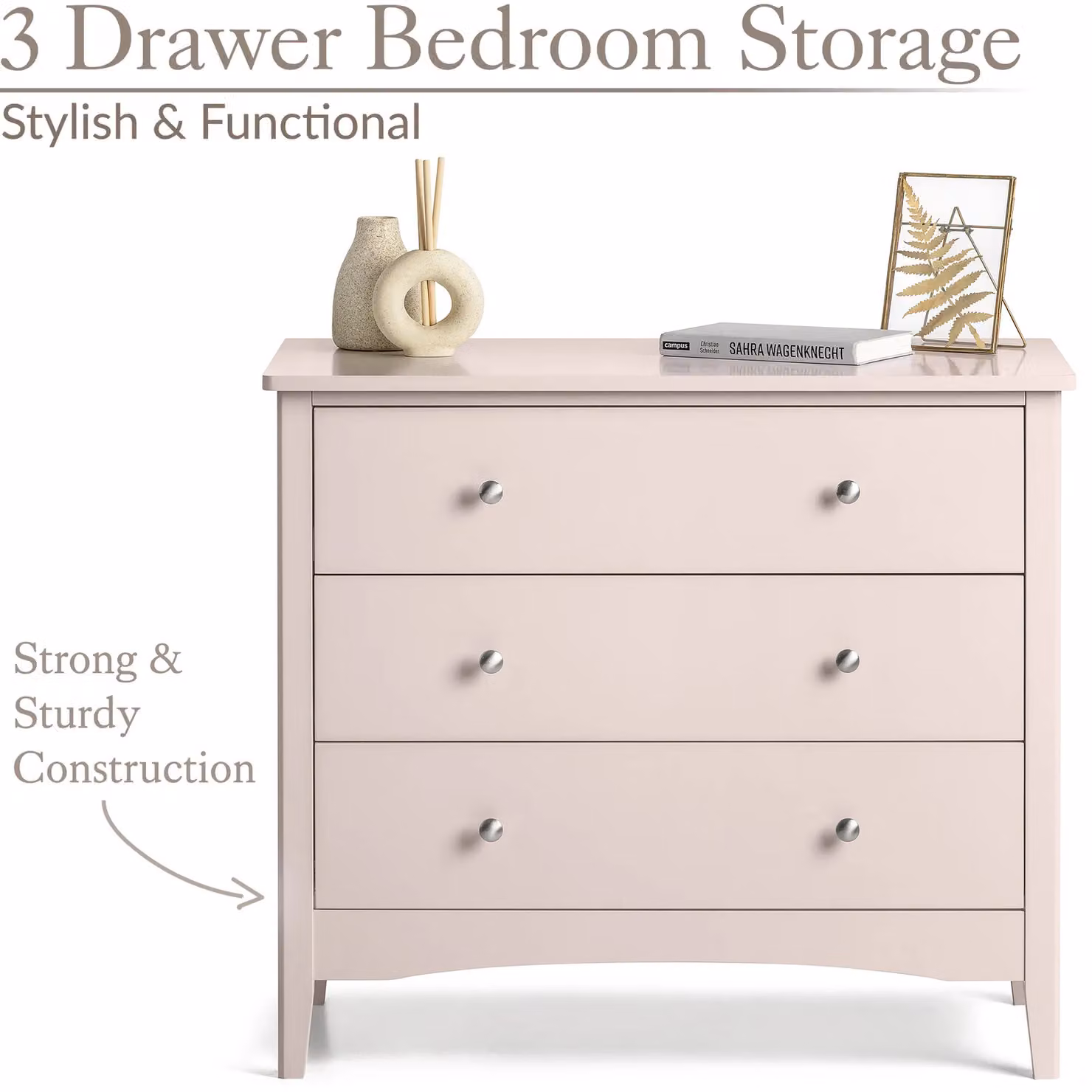 Christow Pink and White 3 Drawer Modern Chest of Drawers, W: 80 cm, H: 70 cm, D: 40 cm – 2
