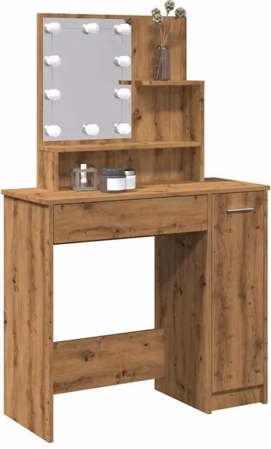 Berkfield Home Modern Dressing Table with LED Hollywood Mirror in Artisan Oak Brown, W/D/H: 86.5 x 35 x 136 cm – 1