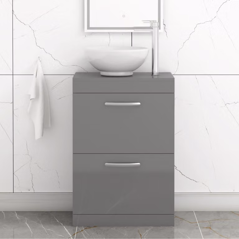 Royal Bathrooms Indigo Grey Gloss 2 Drawer Free Standing Bathroom Vanity Unit with Sink and Breeze Countertop Basin