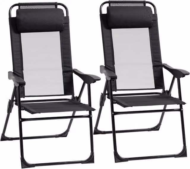 VOGREX Set of 2 Black Folding Garden and Camping Recliner Chairs with Adjustable Headrest and Armrests