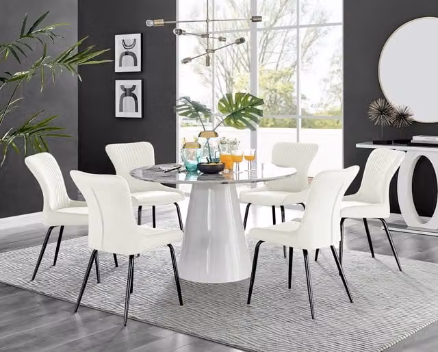 Furniturebox Palma White Marble Effect Round Dining Table and 6 Nora Black Leg Chairs in Cream