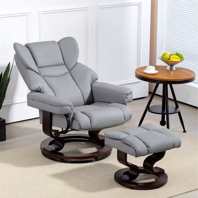 HOMCOM Recliner Ottoman Set in Light Grey with Synthetic Leather and Wood Base