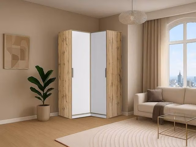 Vente-unique LAMIKI 2-Door Corner Wardrobe in White and Light Oak, Width: 106 cm