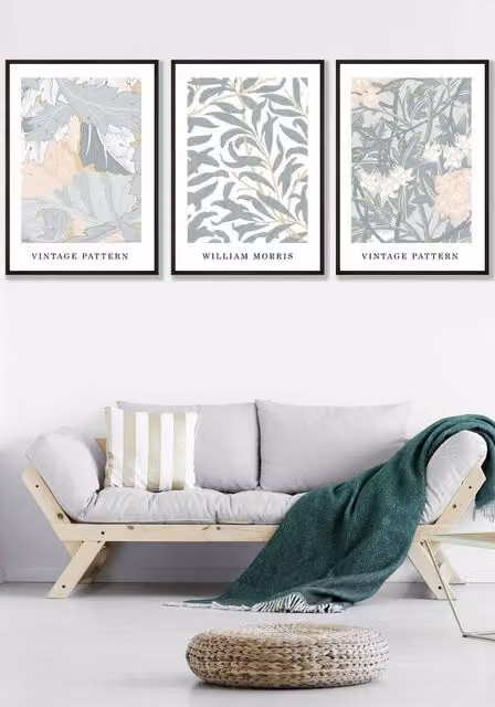 ARTZE Set of 3 William Morris Vintage Floral Wall Art in Sage Green and Peach with Black Frames, W: 53 cm, H: 73 cm, D: 2 cm