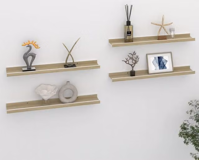 Berkfield Home Wall Mounted Shelves, 4 Piece Set in White and Sonoma Oak, W: 60 cm, D: 9 cm, H: 3 cm