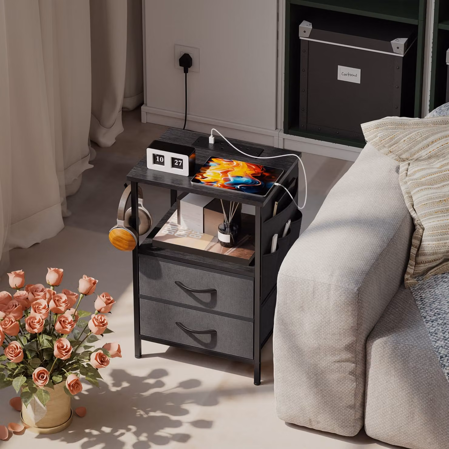 HOMCOM Industrial Bedside Table with Charging Station in Black, W: 30 cm, D: 30 cm, H: 40 cm – 2