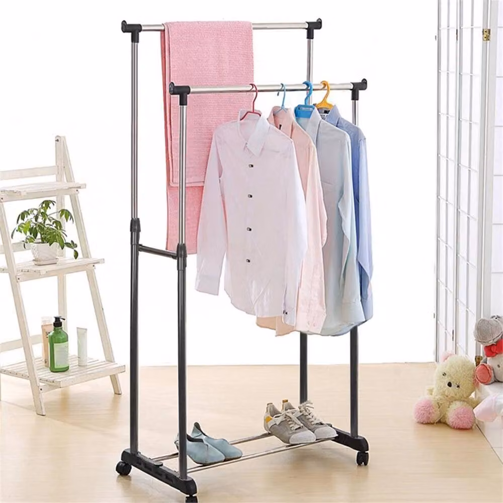 PAWNORA Double Pole Mobile Clothes Rack, Adjustable Hanging Garment Stand in Black and Silver – 2