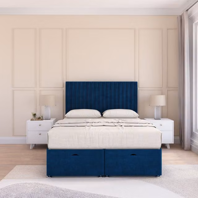 Sloomy Manhattan Small Double Ottoman Bed with 26 Inch Headboard and Hybrid Memory Mattress in Navy Blue