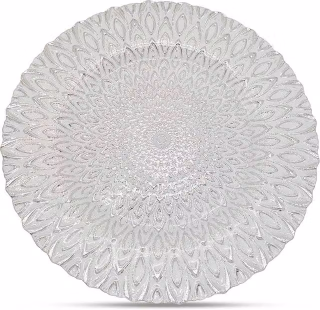 Neel Blue Set of 6 Peacock Design Glass Charger Plates in Blue and Silver, Diameter: 33 cm
