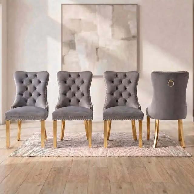 HomeTouch Set of 4 Grey Velvet Dining Chairs with Gold Metal Legs – 1