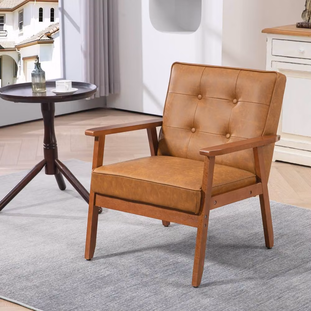 STILVORA Retro Armchair with Brown PU Leather Upholstery and Solid Rubberwood Frame – 2