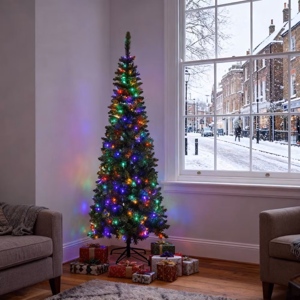 Shatchi Pre-Lit Artificial Slim Green Pencil Christmas Tree with Multicolour LED Lights and Metal Stand, Height: 152.4 cm – 3