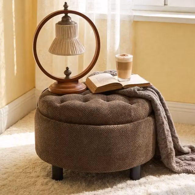 Rolipo Round Storage Ottoman and Coffee Table with Tray in Brown Nubby Fabric Upholstery – 1
